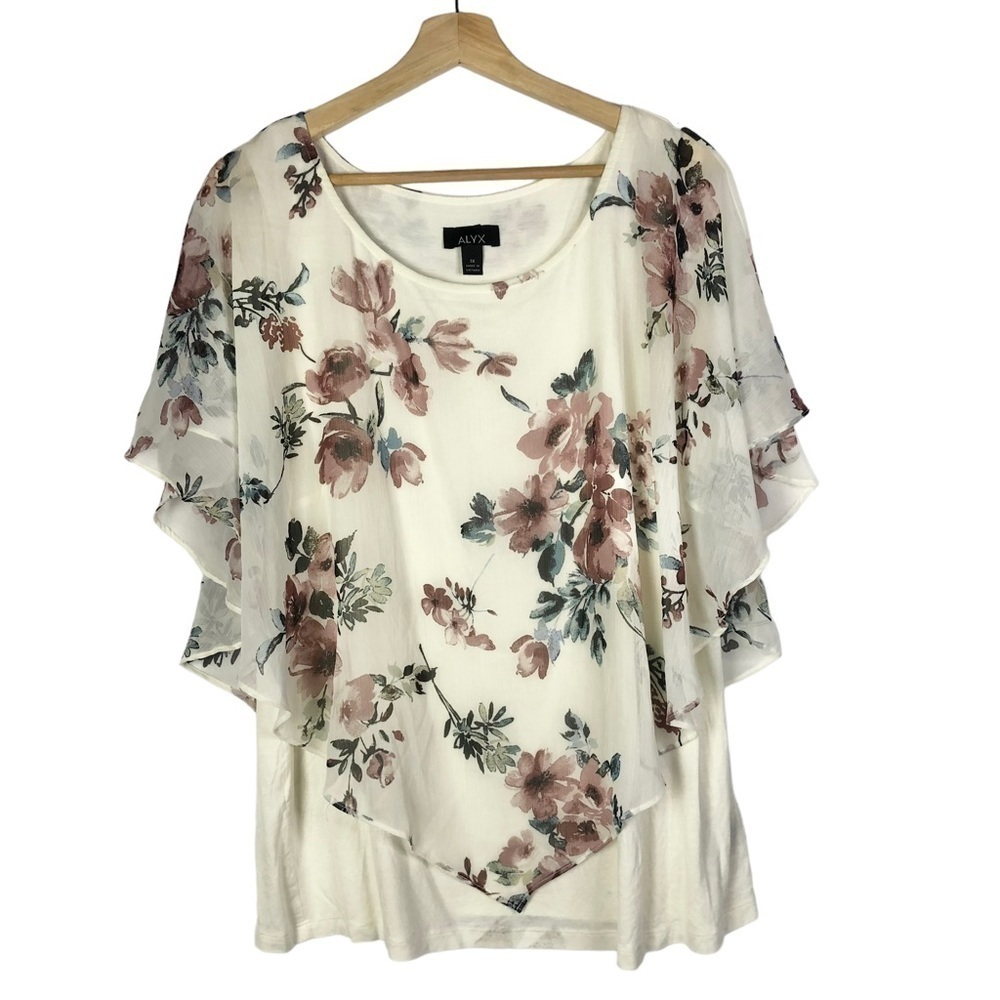 Alyx‎ White & Pink Floral Layered Short Sleeve Blouse 1X